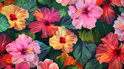 Poster design shows lots of vibrant hibiscus in various colors. In the style of pattern-based painting. 