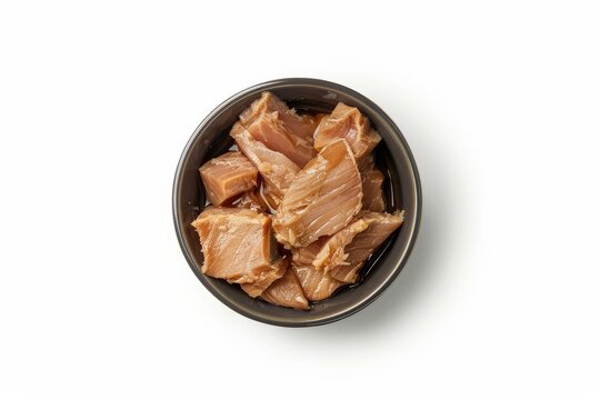 Top view of canned tuna on white background