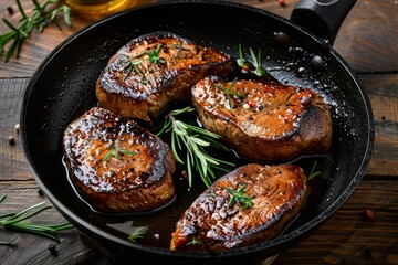 Top view of meat cutlets sizzling in a pan on a wooden table - obrazy, fototapety, plakaty