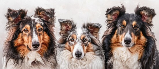 Three energetic Shetland Sheepdog Collie mix dogs are sitting closely next to each other in a row. The dogs are alert and attentive, showcasing their friendly and sociable nature.