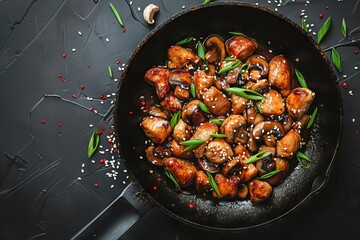 Top view of stir fried Asian style chicken with paprika mushrooms chives and sesame seeds on a black kitchen table - obrazy, fototapety, plakaty