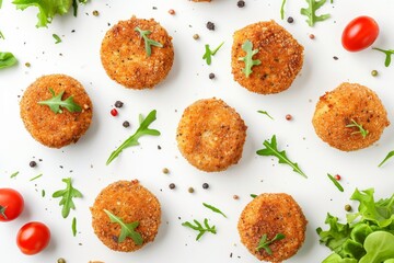Top view of tasty breaded cutlets on white background - obrazy, fototapety, plakaty
