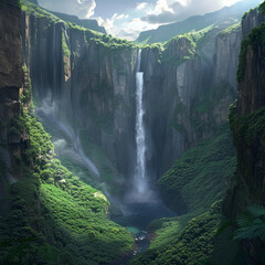 Verdant Hidden Valley: Majestic Waterfall Oasis, A majestic waterfall cascading down into a hidden...