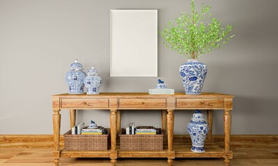 wooden console with blank canvas