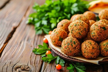 Traditional Middle Eastern food often served in a pita with falafel parsley and mini sweet peppers on a wooden background