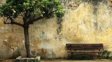 Obraz premium Idea of ​​wooden bench and plants against old wall