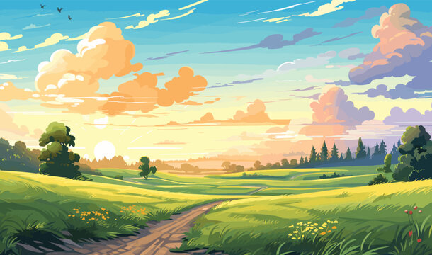 Road through a green field landscape scene at sunset, colorful summer vector illustration -