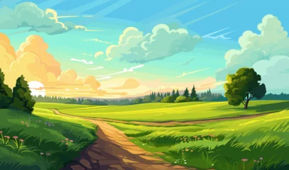 Gordijnen Road through a green field landscape scene at sunset, colorful summer vector illustration - © Viacheslav