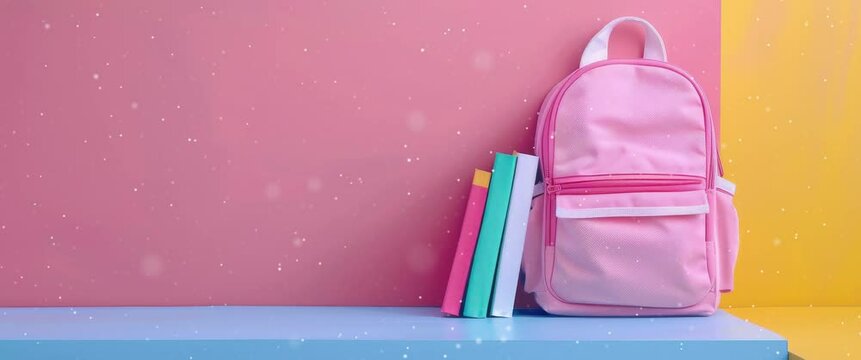 Anamorphic video back to school, education, childhood, primary school concept background. Back to school with bag and books.