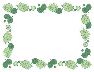 Flat Green isolated frame with vegetables, lettuce, basil, cucumber, peas on  on transparent background. Vector illustration EPS10
