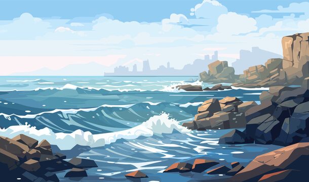 rocky coastline with crashing waves vector simple isolated illustration
