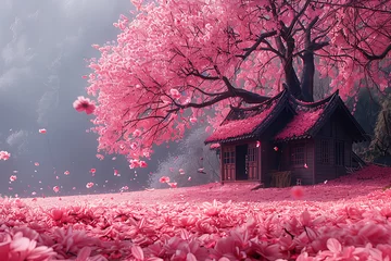 Zelfklevend Fotobehang realistic illustration of traditional japanese house with cherry tree and cherry leaves © ChemaVelasco