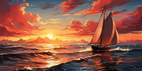 Fotobehang sailboat in the sea with the evening sunlight, digital art style, illustration painting © Viacheslav