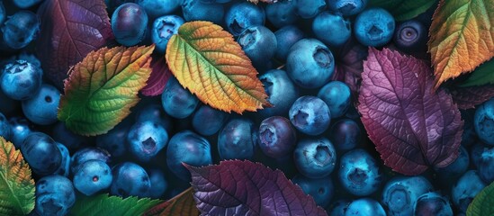 A collection of ripe blueberries with green leaves attached to them, creating a vibrant and colorful display. The blueberries appear plump and juicy against a contrasting background. - obrazy, fototapety, plakaty