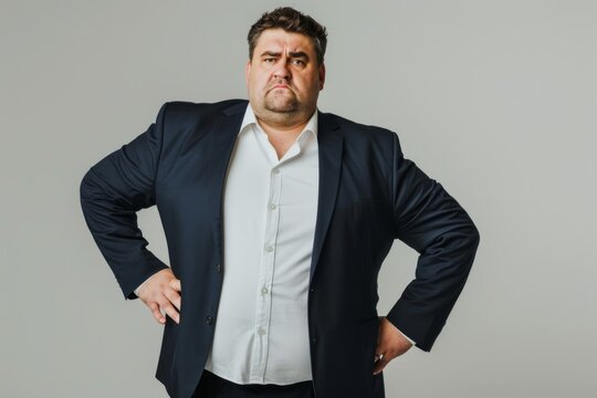 Unhappy obese man in a chic suit poses displeased for white studio portrait