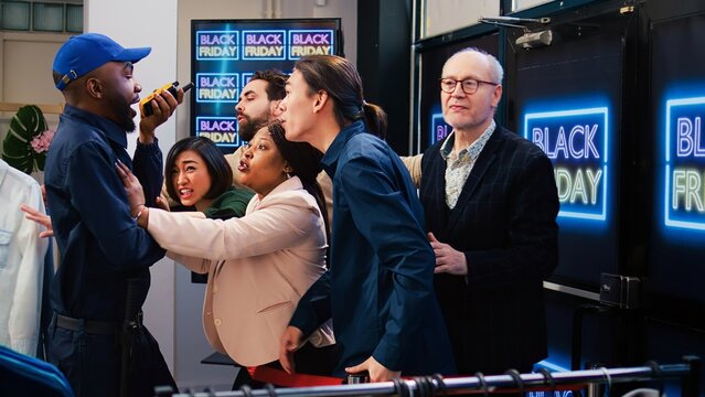 Security agent hold back eager clients acting aggressive on black friday promotional launch, diverse people lined up at store entrance. Anxious violent customers pushing red tape line, screaming.