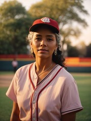 Elder baseball woman wearing cap in park at sunset in summer