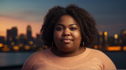 Portrait of fat curly black woman wearing pink sweater in city 
