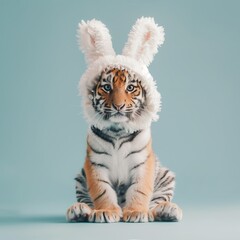 A cute little tiger wearing a hat with bunny ears on blue pastel background. Abstract minimal Easter concept.	 - obrazy, fototapety, plakaty