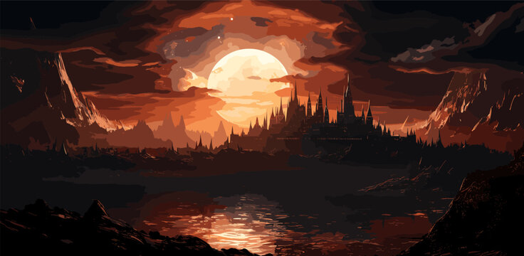 scenery of castle of thorn with solar eclipse in dark red sky, digital art style, illustration painting