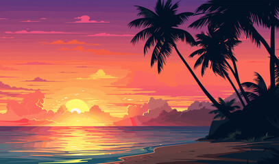 Serene Beach Sunset with Atmospheric Gradients isolated vector style illustration - obrazy, fototapety, plakaty