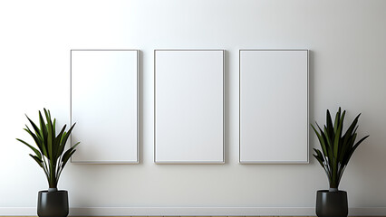 Mockup vertical rectangular painting frame hanging on white wall background in corner of room with copy space. - obrazy, fototapety, plakaty
