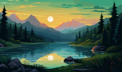 Foto op Aluminium serene landscape beautiful scene evening lake colorful green lush summer mountains forest vector banner illustration © Viacheslav