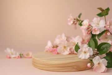 Wood podium and flowers on pastel beige background Cosmetic product presentation showcase Close up copy space
