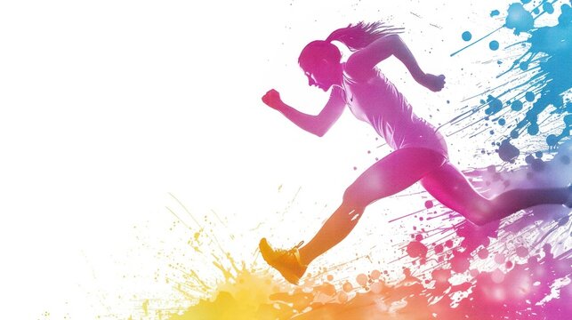 female athlete with sports clothing jogging or running with bright colored smoke on white background in high resolution and high quality