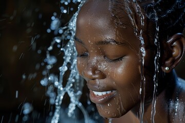 Young African woman in a studio using fresh water for skincare to maintain her youth and beauty