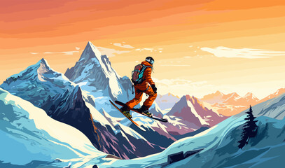 Snowboarding illustration vector landscape sport mountain winter leisure lifestyle concept - obrazy, fototapety, plakaty