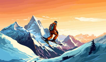 Sheer curtains Beige Snowboarding illustration vector landscape sport mountain winter leisure lifestyle concept