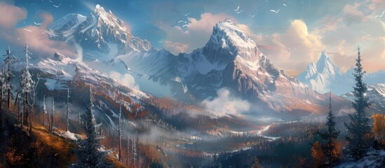 The painting depicts a sprawling snowy mountain landscape, with towering peaks, snow-covered trees,...