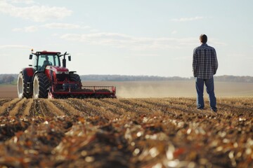 Young farmer checking wheat while tractor plows field - obrazy, fototapety, plakaty