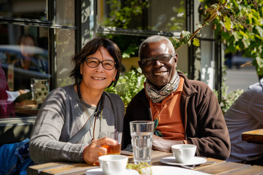 Happy Interracial Mixed Race Retired Old Couple at Cafe Bar Restaurant Outside