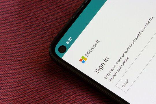 Chula Vista, CA, USA - May 14, 2022: Microsoft SharePoint login page is seen on a smartphone. SharePoint is a web-based collaborative platform that integrates natively with Microsoft 365.