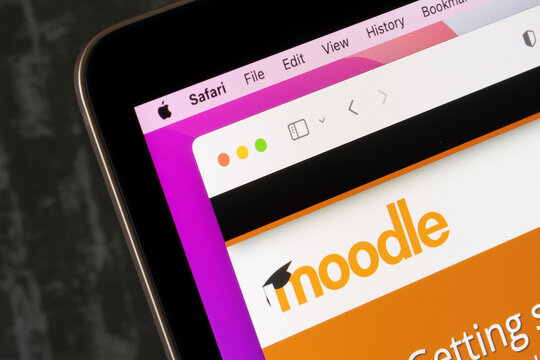Los Angeles, CA, USA - May 13, 2022: Moodle logo is seen on the website homepage of Moodle, a free open source learning platform or course management system (CMS), on a MacBook computer.