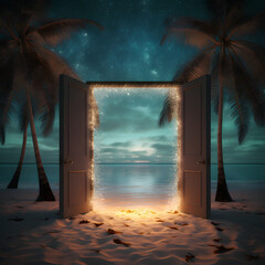 Beautiful view of the beach through the door. Sea and palm trees. Summer vacation concept.