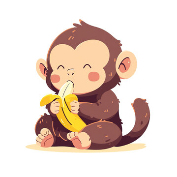 Cartoon Cute Monkey Eating a Banana, for t-shirts, children's books, stickers, posters. Vector Illustration PNG Image
