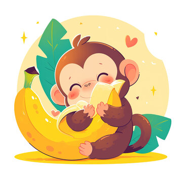 Cartoon Cute Monkey Hugging a Banana, for t-shirts, children's books, stickers, posters. Vector Illustration PNG Image