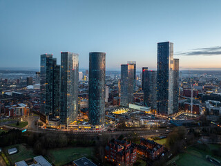 Aerial of Deansgate Square Manchester UK in the blue zone just before sunrise.Deansgate Square 