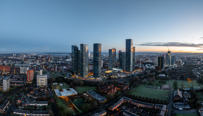 Aerial of Deansgate Square Manchester UK in the blue zone just before sunrise.Deansgate Square 