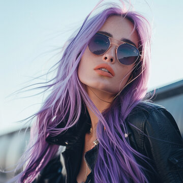 Portrait of a woman with purple hairs wearing sunglasses