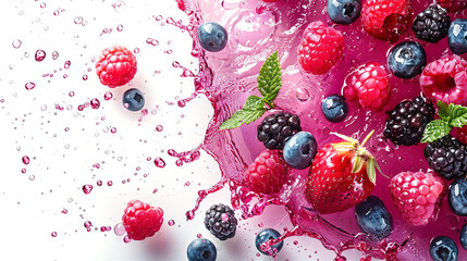 Fresh summer compote, juice with berries beautiful splash at white background and copy space. Strawberry, blackberry, black currant, raspberry