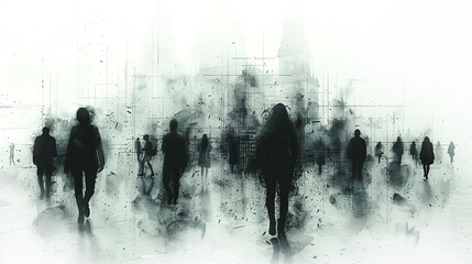 Abstract dynamic 2D illustration of walking people silhouettes black and white 
