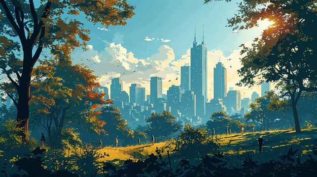 2D illustration of City park at summer day. Lots of great with skyscrapers at the background