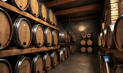Basement room with many wooden barrels, wine cellar