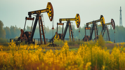 Oil Pumps Amidst Blooming Field at Dawn