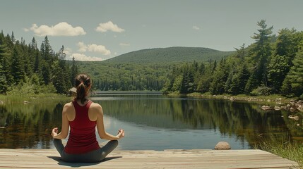 Serene young woman meditating on wooden pier by calm lake, enhancing mental well being