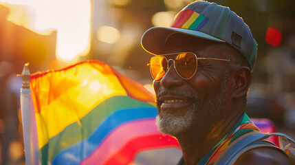 Inclusive image of a happy mature black african american gay man celebrating pride festival with rainbow flags, candid LGBTQ+ summer parade. - obrazy, fototapety, plakaty
